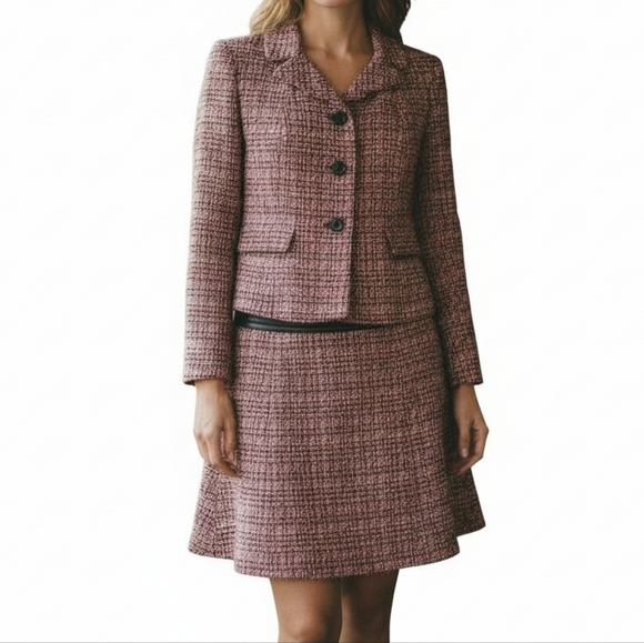 Le Suit Tweed Skirt Suit 12P Brown Olive Flap Pockets Tulip Hem Velvet Buttons - Picture 10 of 10